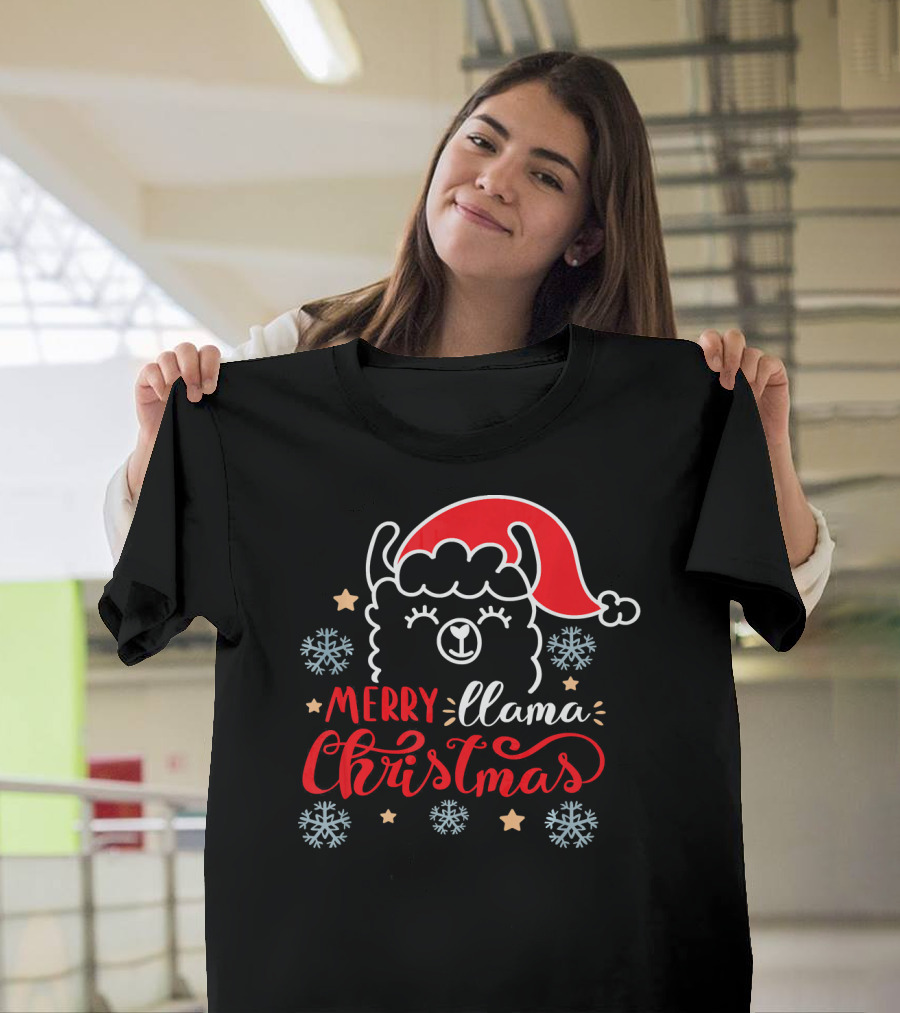 Merry Llama Christmas Funny Santa Hat Llama T-Shirt