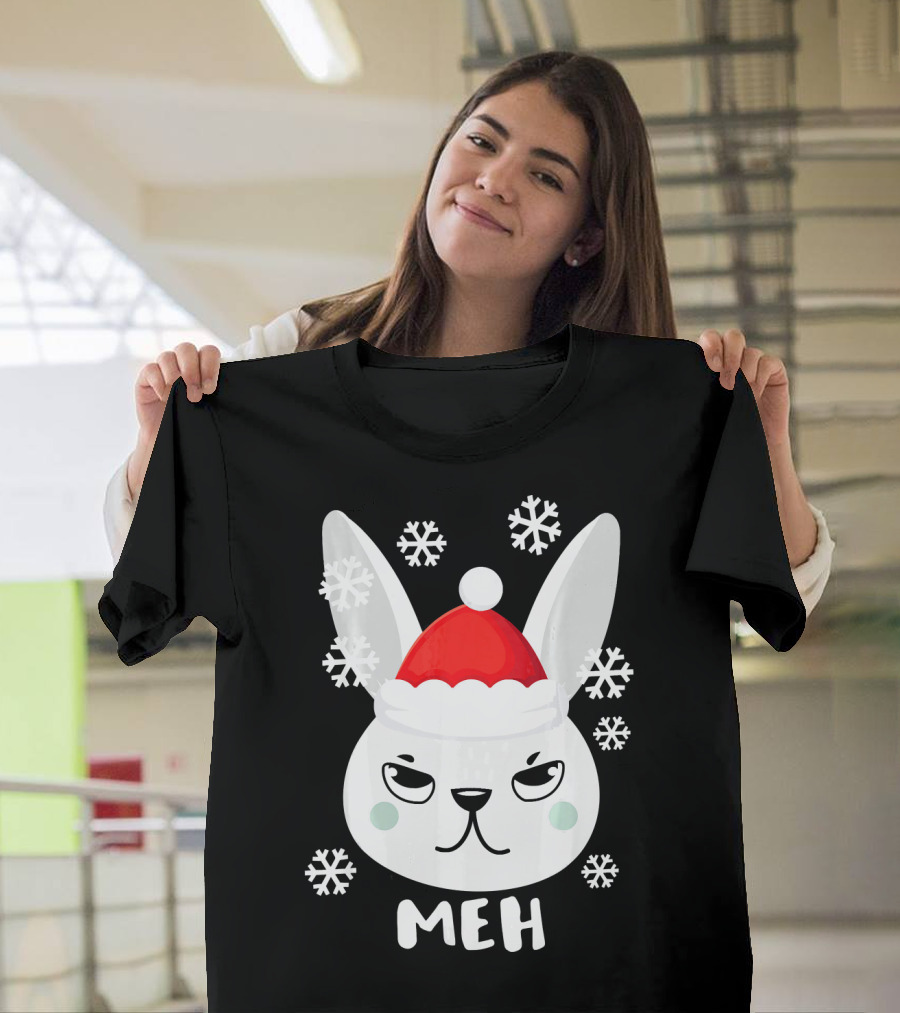 Grumpy Bunny Meh Snowflakes Christmas Rabb Santa Hat T-Shirt