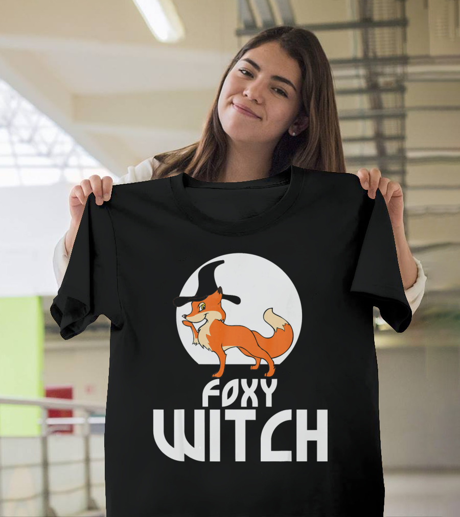 Foxy Witch Funny Fox Wearing A Witch Hat Moon Background T-Shirt