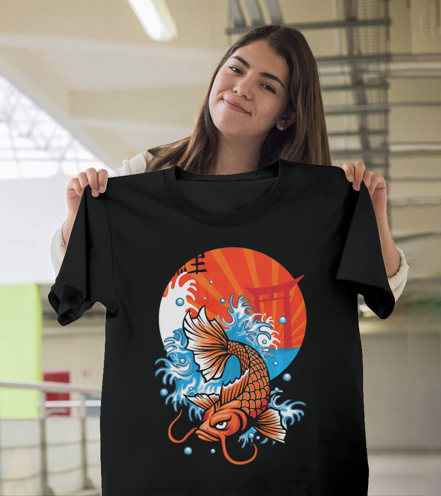 Koi Fish Rising Through Waves with Japanese Torii and Sunburst Background T-Shirt