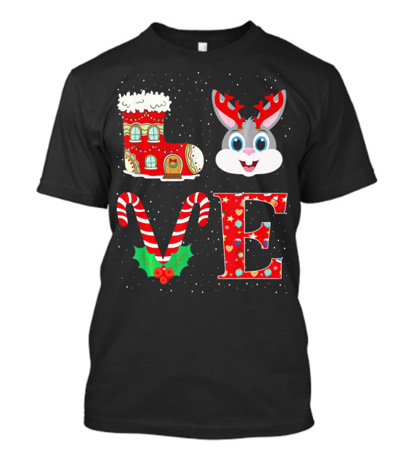 LOVE Christmas Boot Rabbit Reindeer Antlers Candy Cane Holly T-Shirt