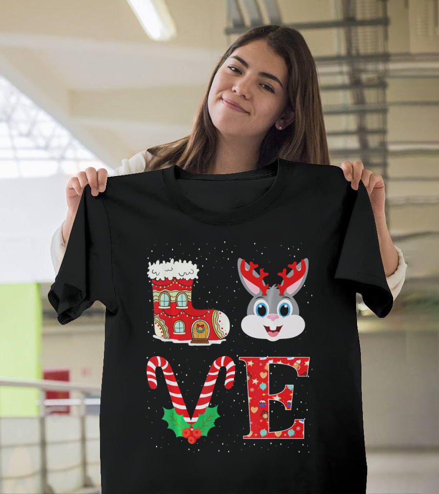 LOVE Christmas Boot Rabbit Reindeer Antlers Candy Cane Holly T-Shirt