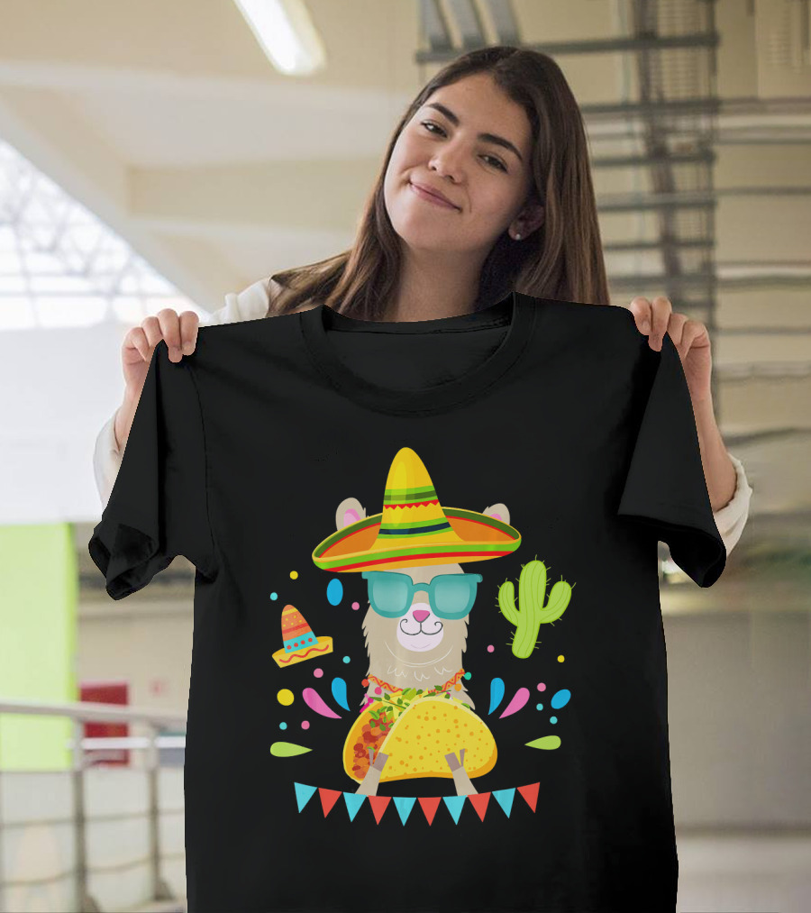 Llama Eating Taco Cool Sombrero Cactus Fiesta Mexican T-Shirt