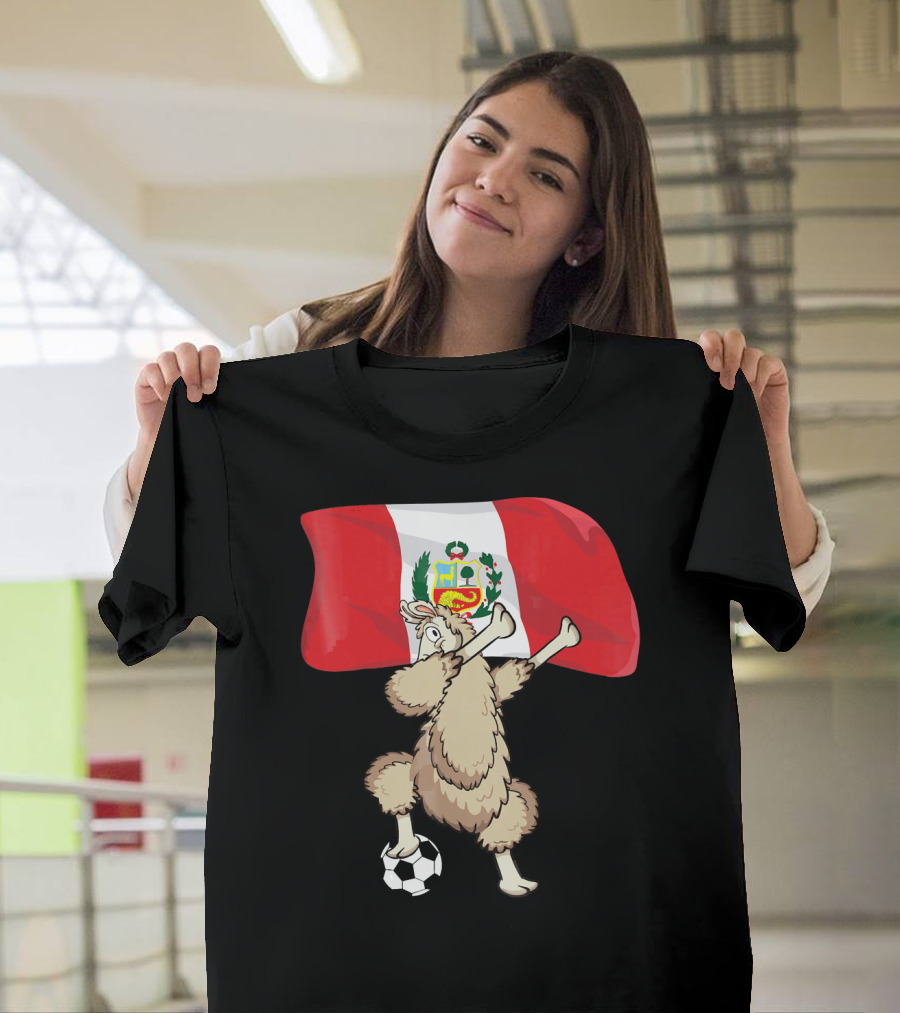 Llama Dabbing Soccer Peru Flag Football T-Shirt