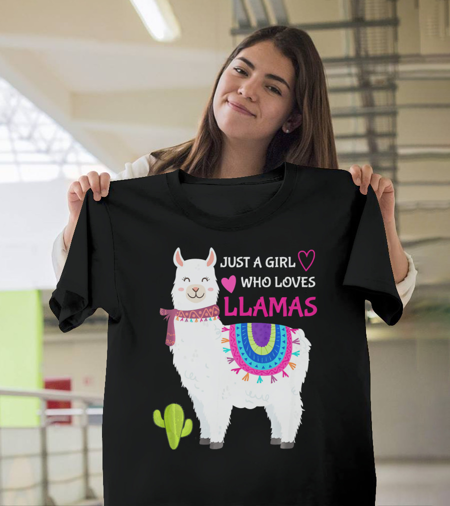 JUST A GIRL WHO LOVES LLAMAS HEARTS CUTE LLAMA WITH COLORFUL SADDLE AND CACTUS T-Shirt