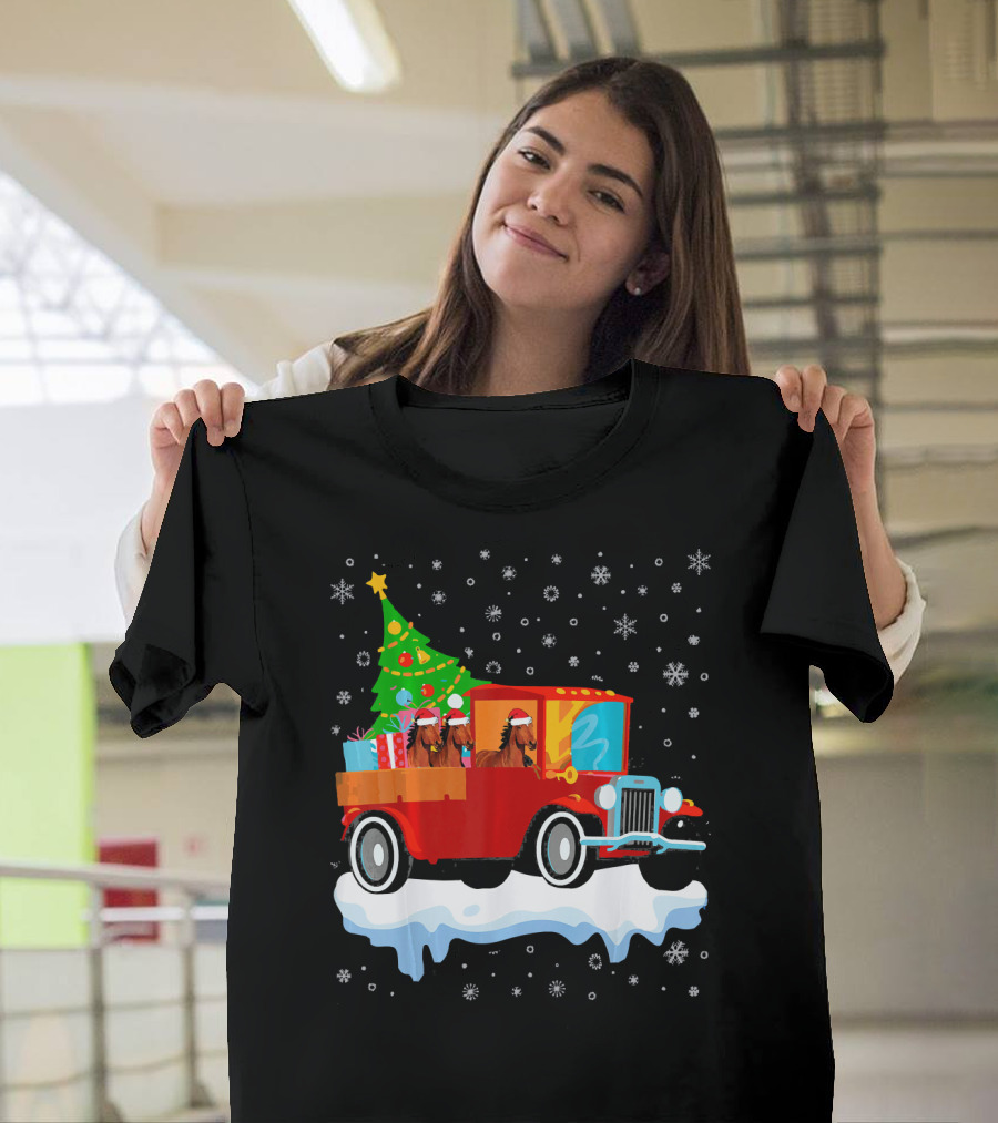 Horse With Santa Hat Christmas Tree Old Truck Merr T-Shirt