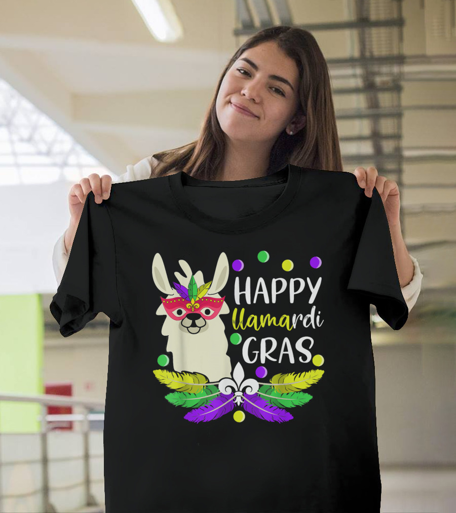 Happy Llamardi Gras Beads Lover Mardi with Mask and Feathers T-Shirt