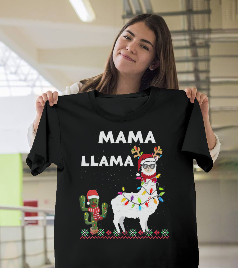 Mama Llama Christmas Family Matching Llama with Lights and Cactus Santa T-Shirt