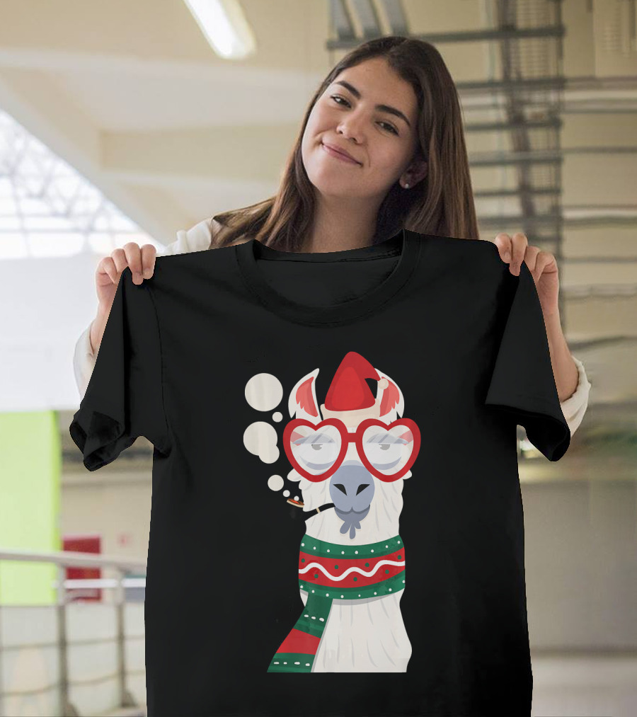Llama Alpaca Santa Hat Smoking Christmas Glasses Scarf T-Shirt