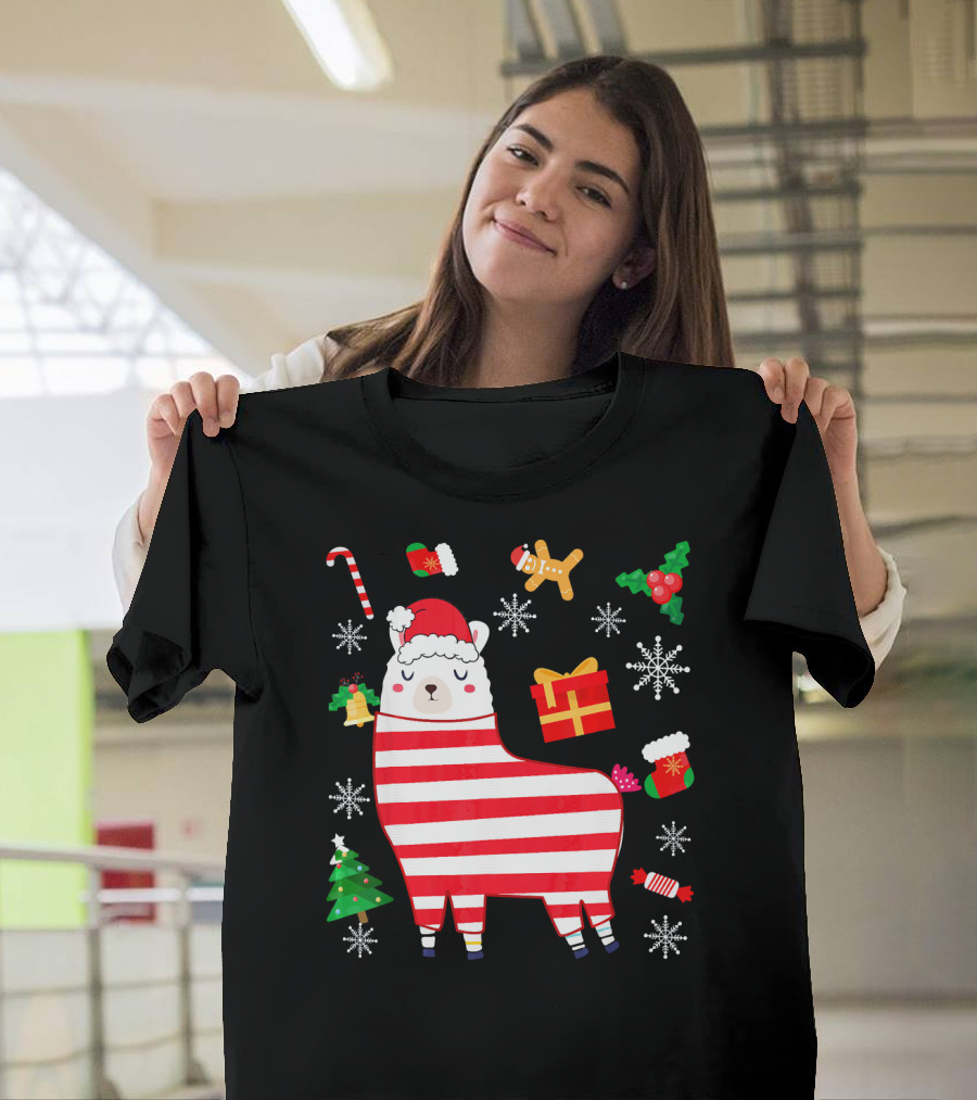 Llama Christmas Alpaca with Santa Hat and Candy Cane Xmas Cheer T-Shirt