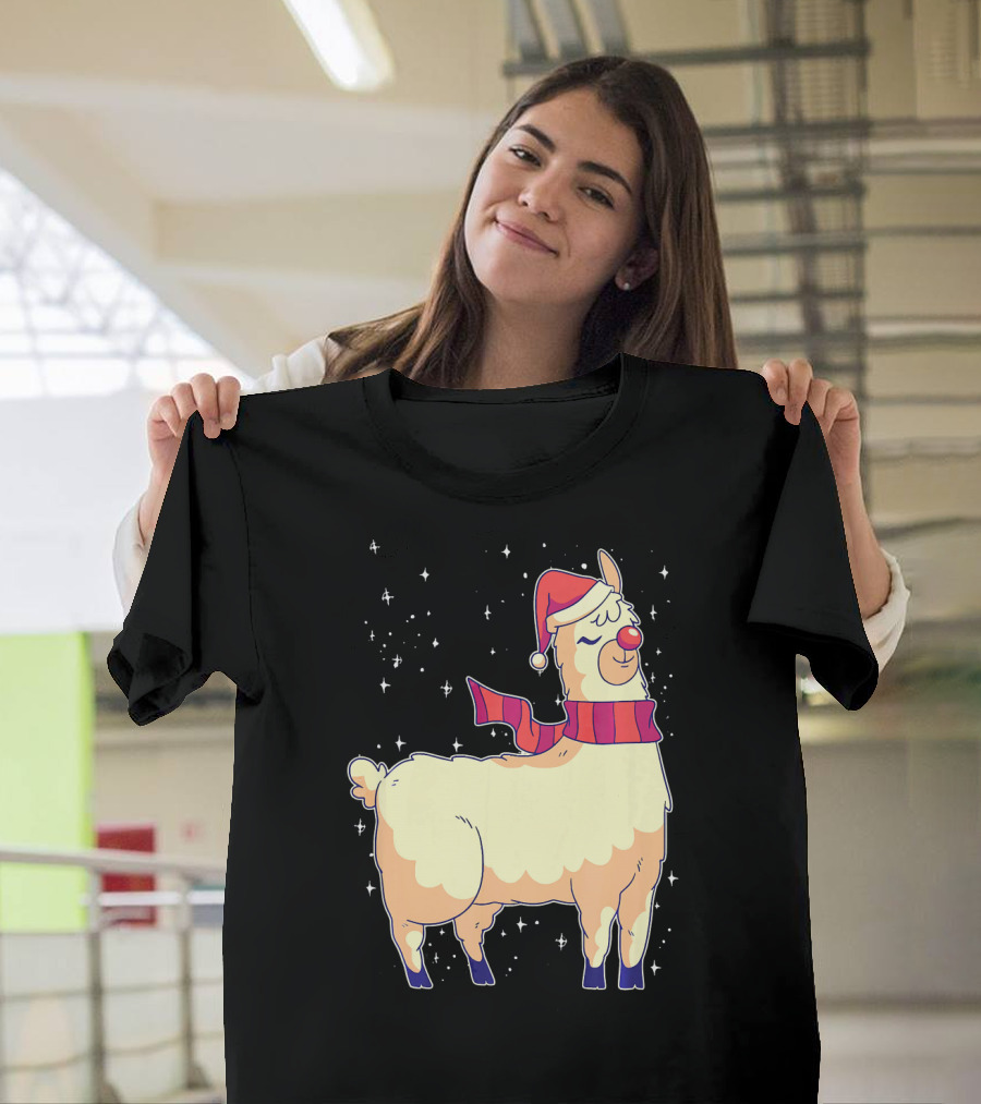Llama Alpaca Christmas Reindeer Santa Hat Scarf Snowflakes T-Shirt