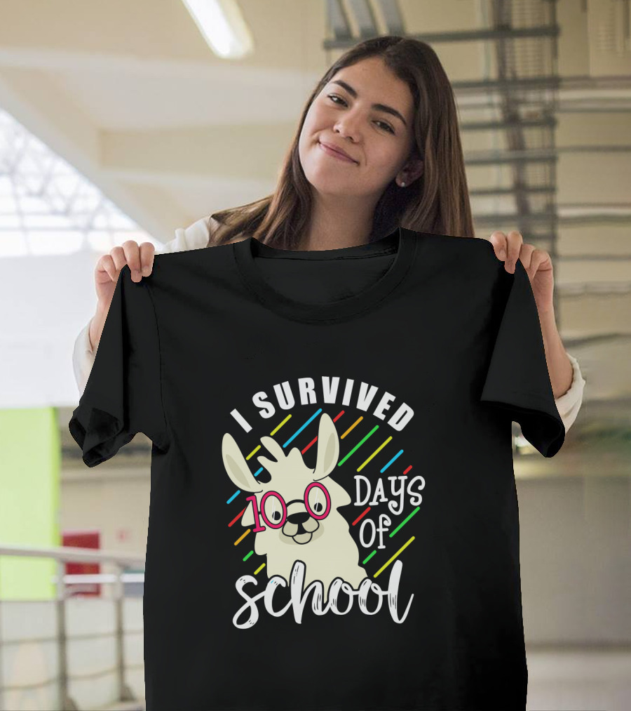 I Survived 100 Days of School Llama with Colorful Stripes T-Shirt
