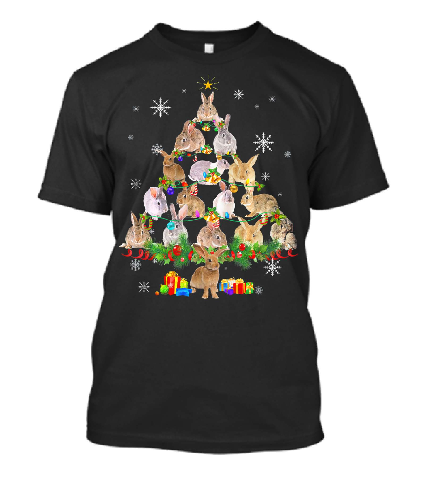 Rabbit Christmas Tree Lights Funny Rabbit Snowflakes Presents T-Shirt