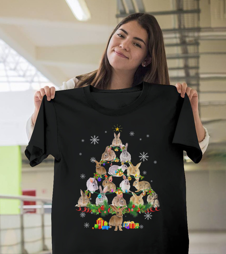Rabbit Christmas Tree Lights Funny Rabbit Snowflakes Presents T-Shirt