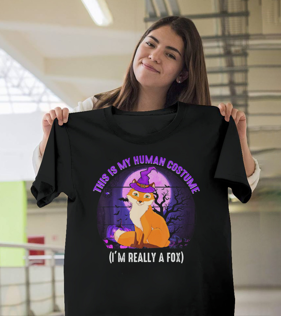This Is My Human Costume I'm Really A Fox Halloween Witch Hat Moonlit Scene T-Shirt