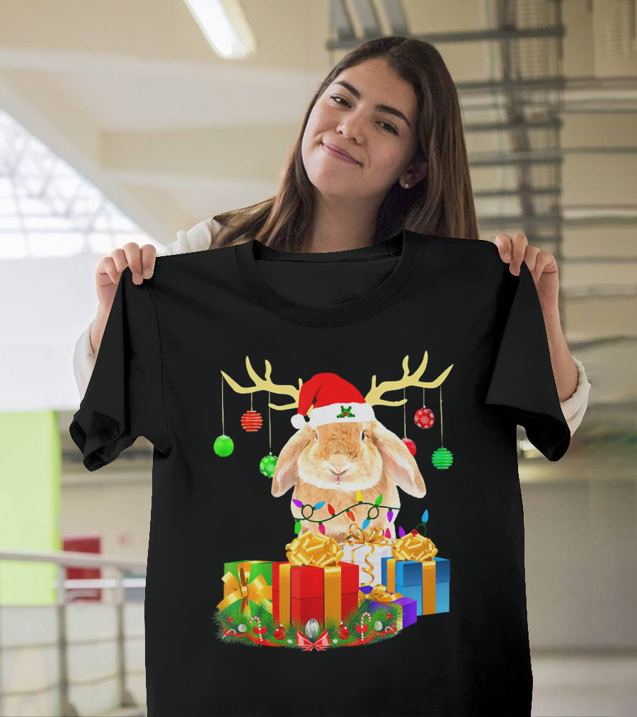 Bunny with Santa Hat and Reindeer Antlers Surrounded by Christmas Gifts and Ornaments T-Shirt