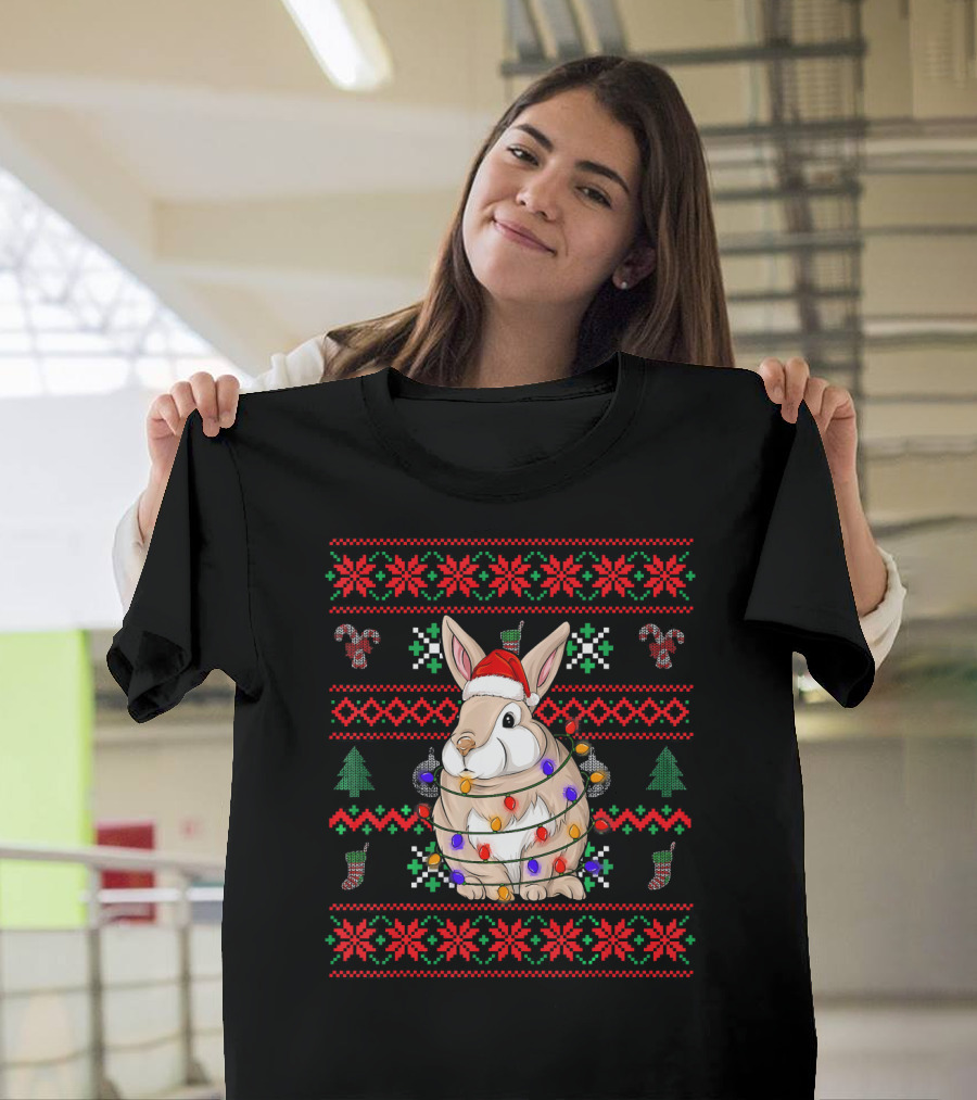 Rabbit Ugly Christmas Sweater Santa Lights T-Shirt