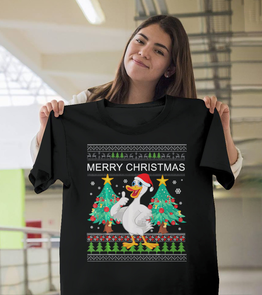 Merry Christmas Goose with Santa Hat and Festive Trees T-Shirt