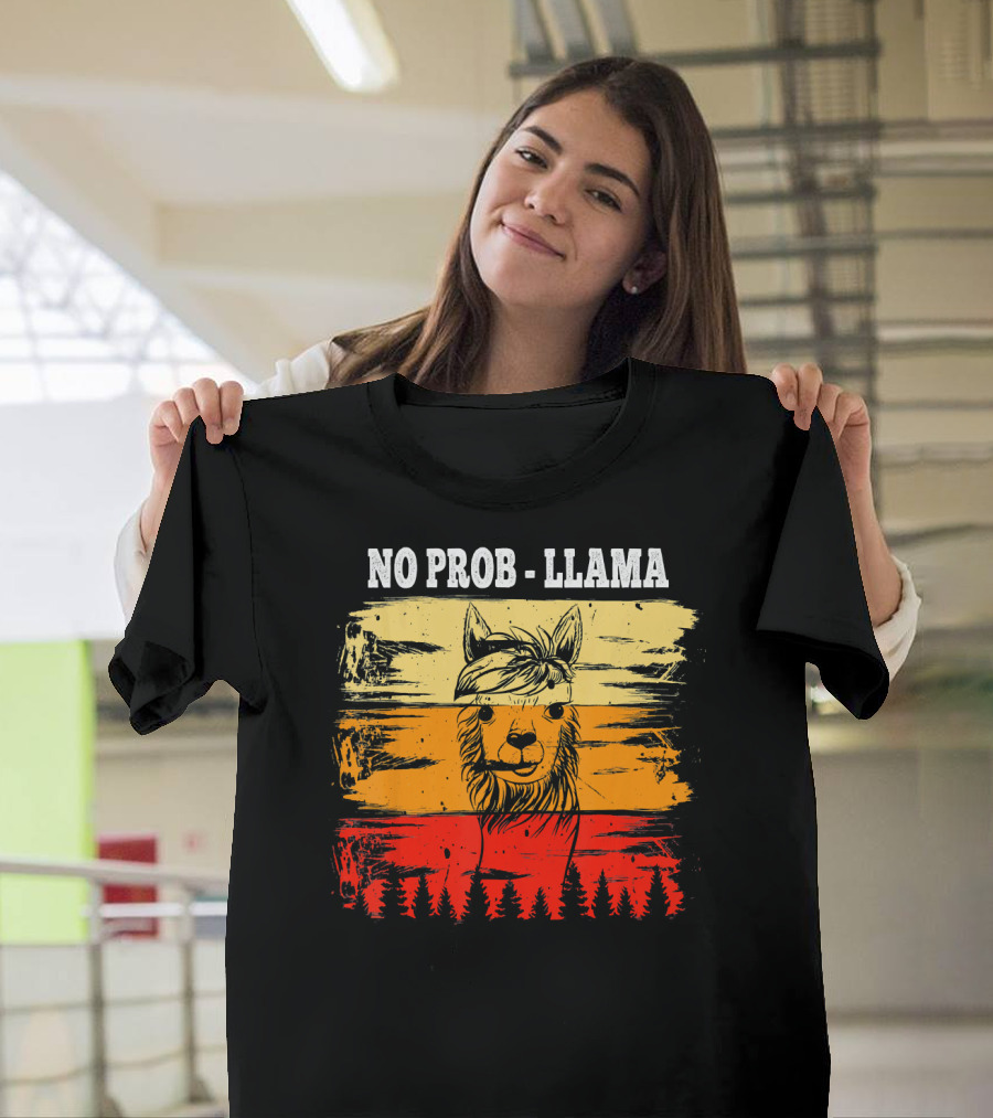 NO PROB LLAMA Funny Vintage Llama Alpaca with Sunset and Forest T-Shirt