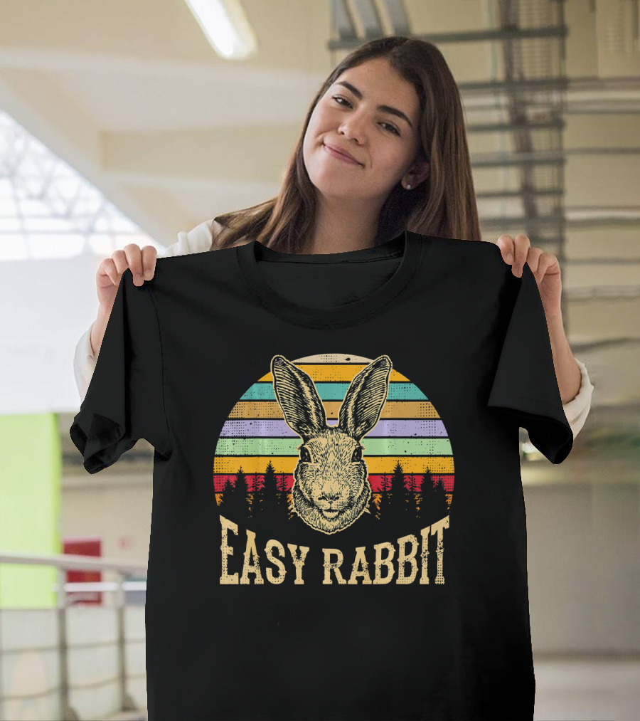 Retro Sunset Stripes Easy Rabbit Vintage Forest Scene T-Shirt