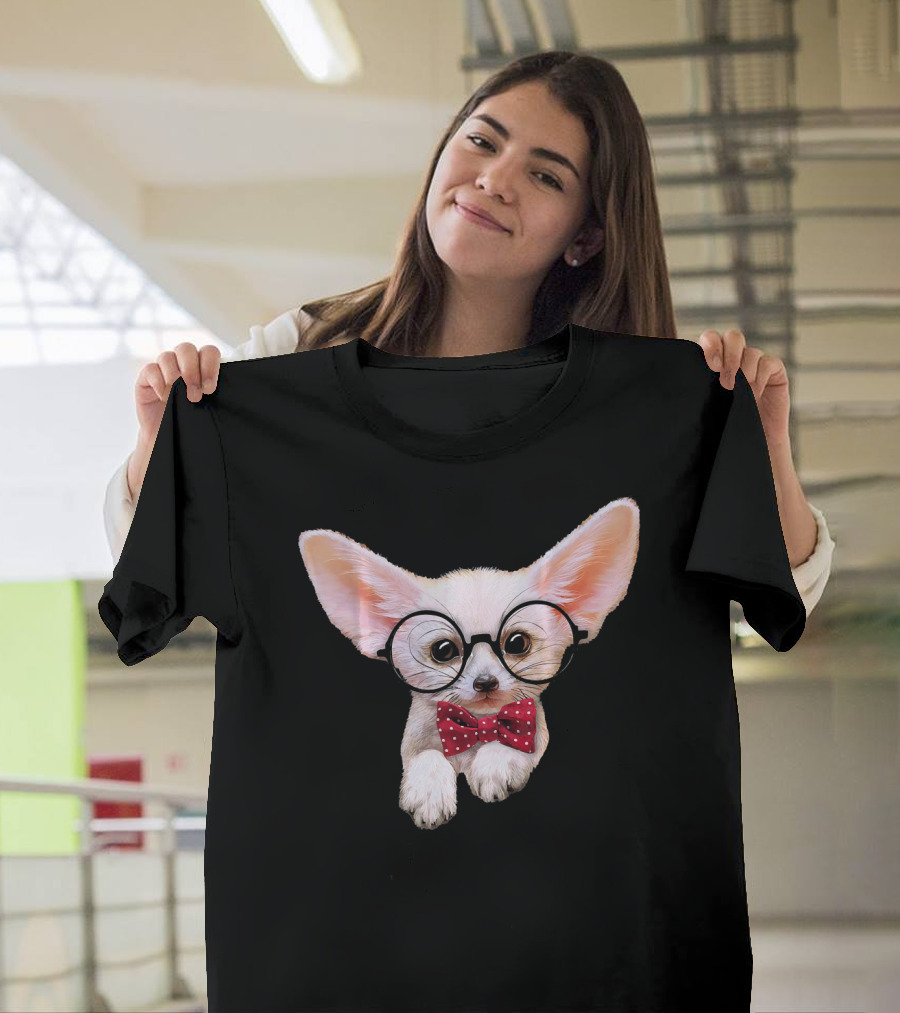 Smart Fennec Fox with Round Eyeglasses and Red Polka Dot Bow Tie T-Shirt