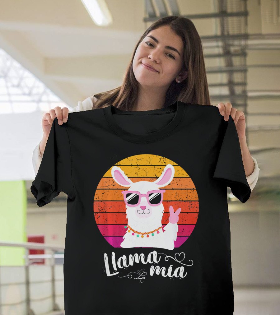 Llama Mia Retro Vintage Sunglasses Peace Sign T-Shirt