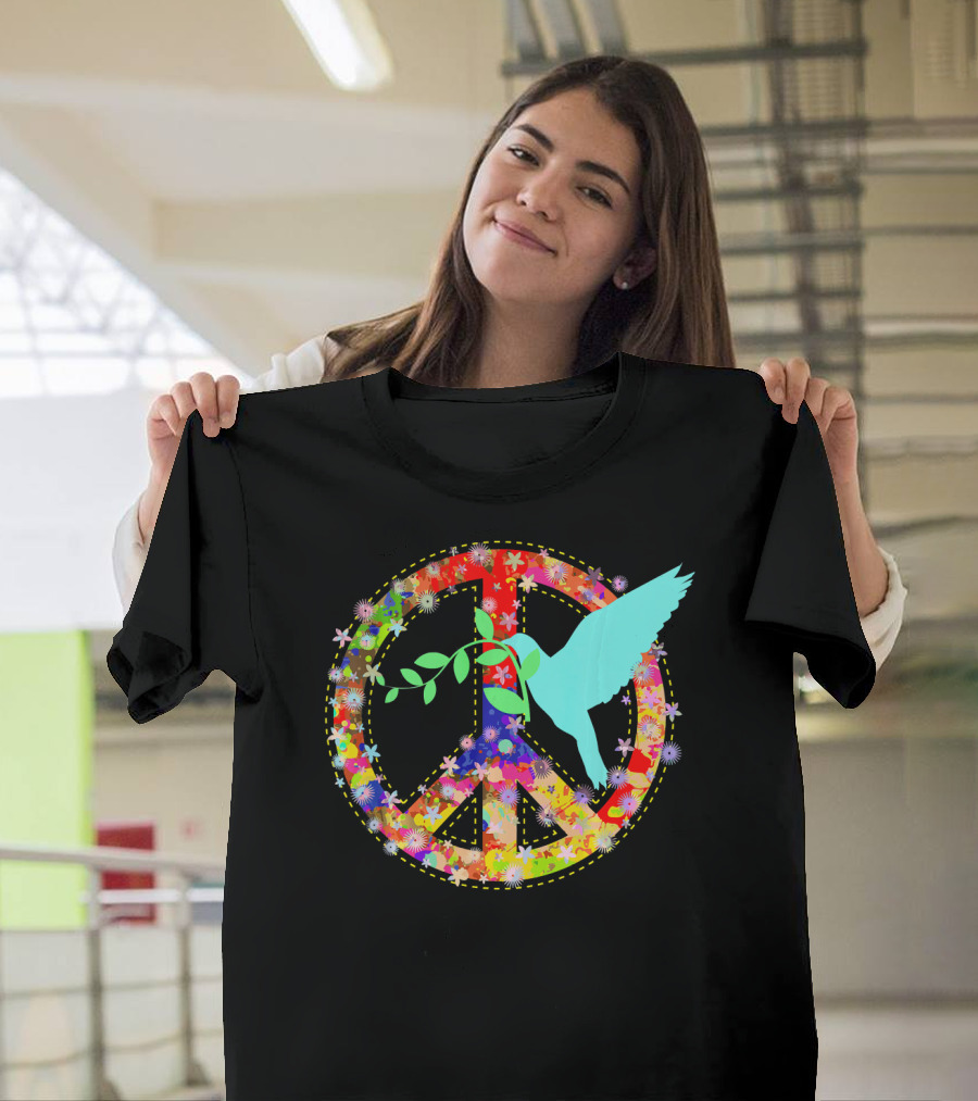 Peace Dove Hippie Peace Sign 60s 70s Colorful Floral T-Shirt