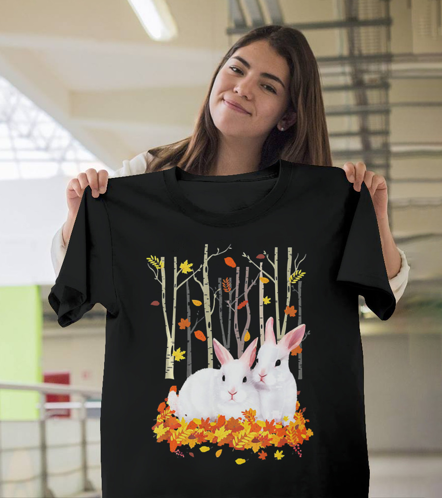 Rabbit Autumn Forest Hear Duo in Fall Leaves T-Shirt
