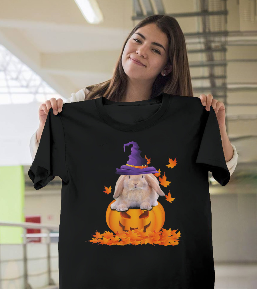 Pumpkin Witch Hat Rabbit Surrounded by Maple Leaves T-Shirt