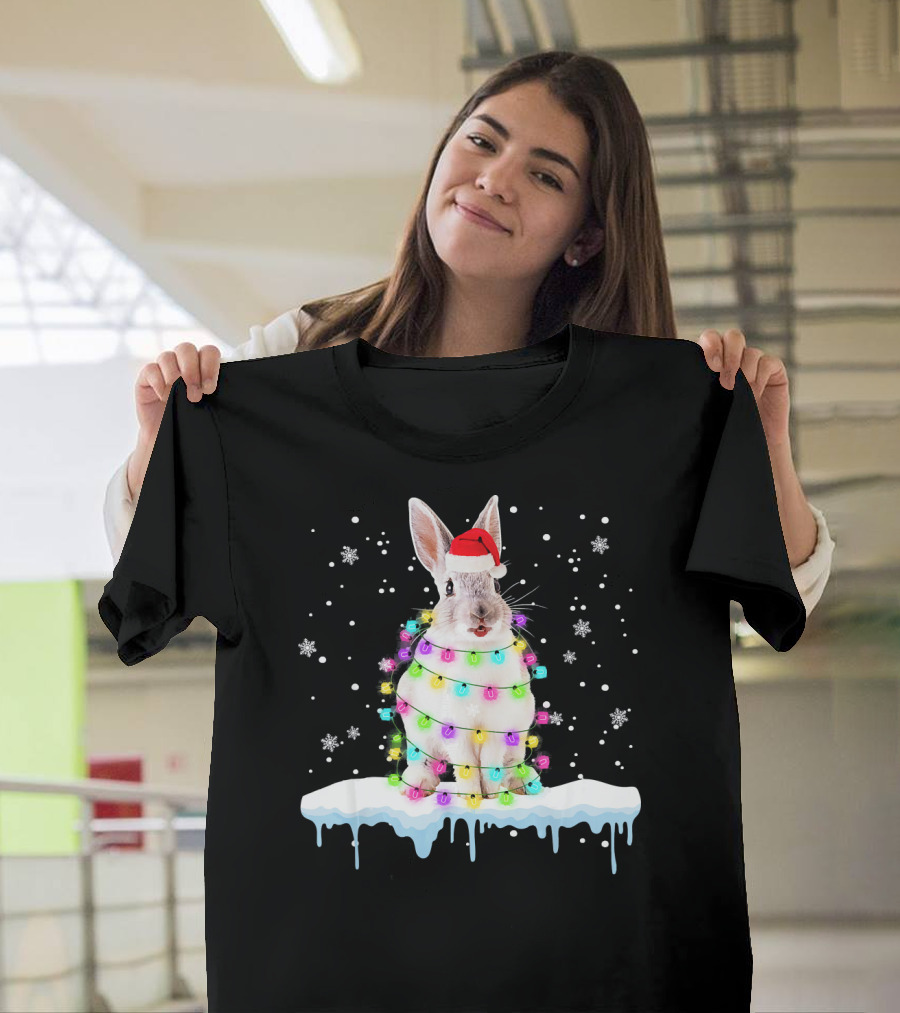 Rabbit in Santa Hat Wrapped in Colorful Christmas Lights Snowflakes T-Shirt