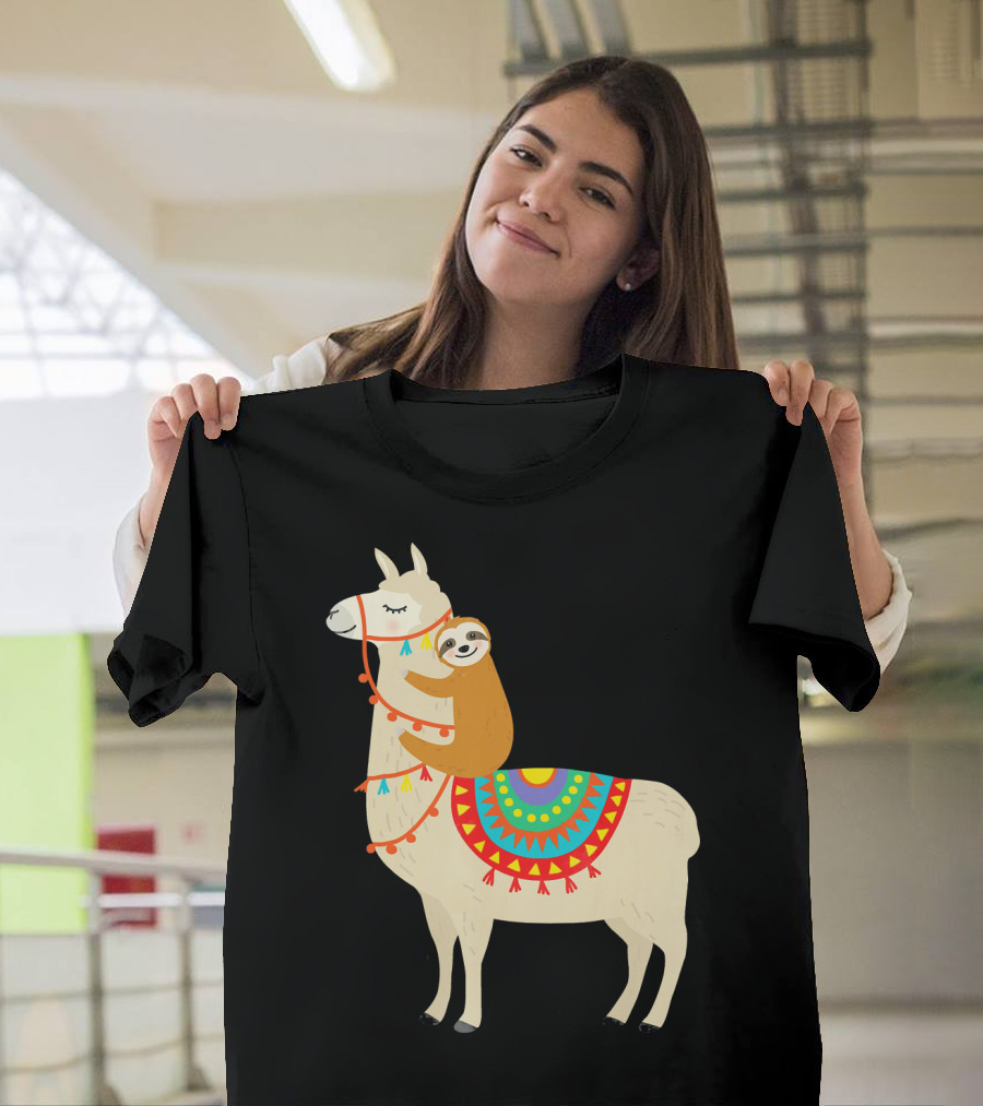 Sloth Hugging Llama with Colorful Blanket T-Shirt