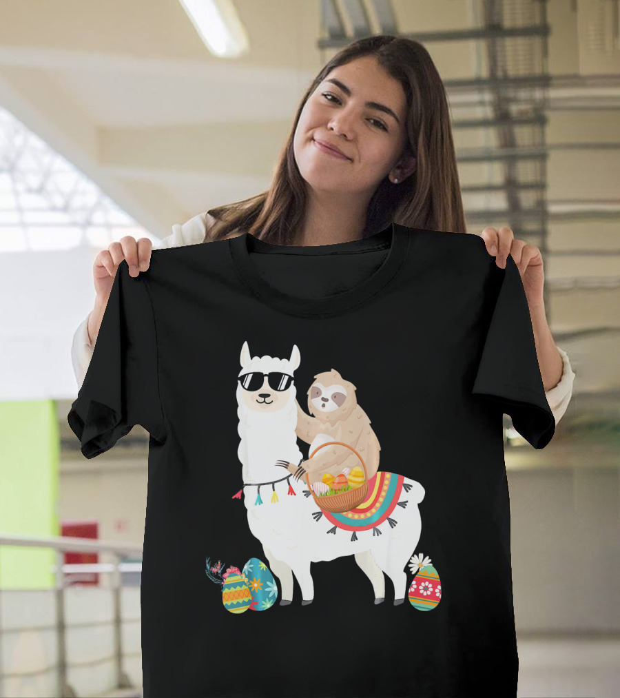 Sloth on Sunglasses-Wearing Llama with Colorful Basket Easter Eggs T-Shirt