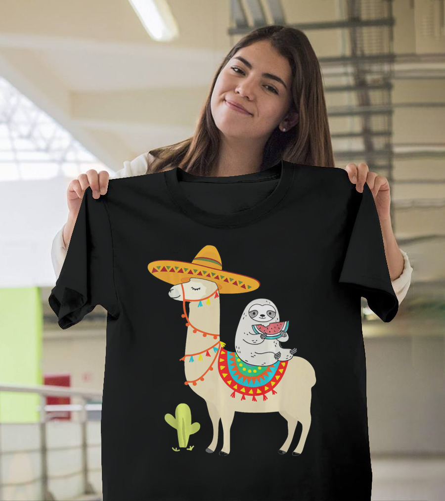 Sloth Riding Llama Sombrero Fiesta Cinco de Mayo T-Shirt