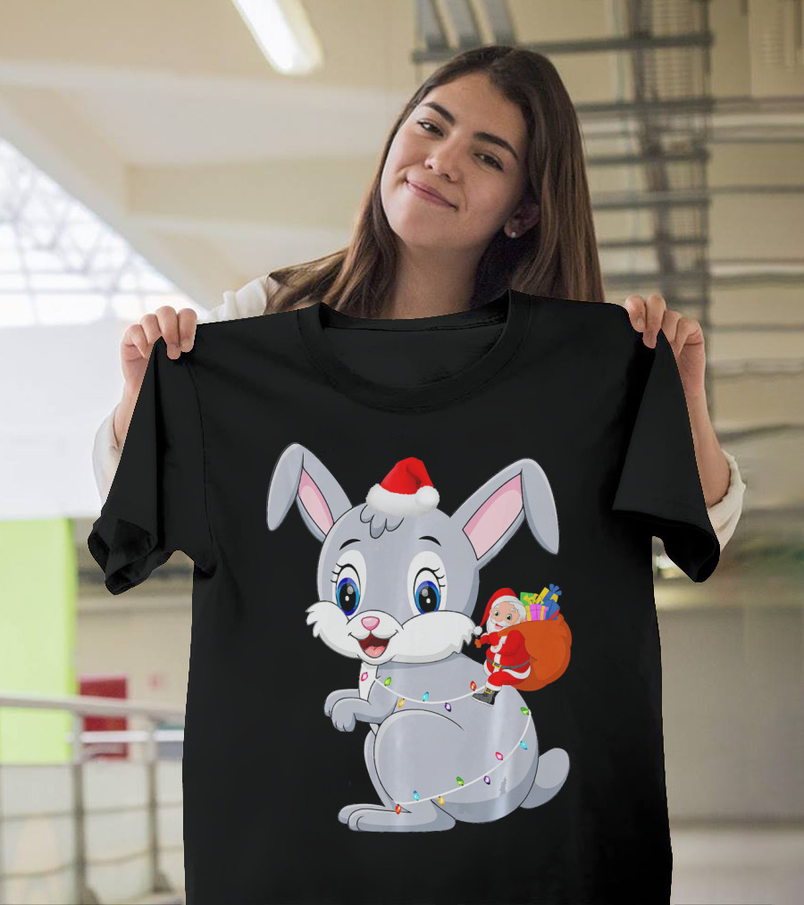 Santa Claus Riding Giant Rabbit with Festive Lights T-Shirt