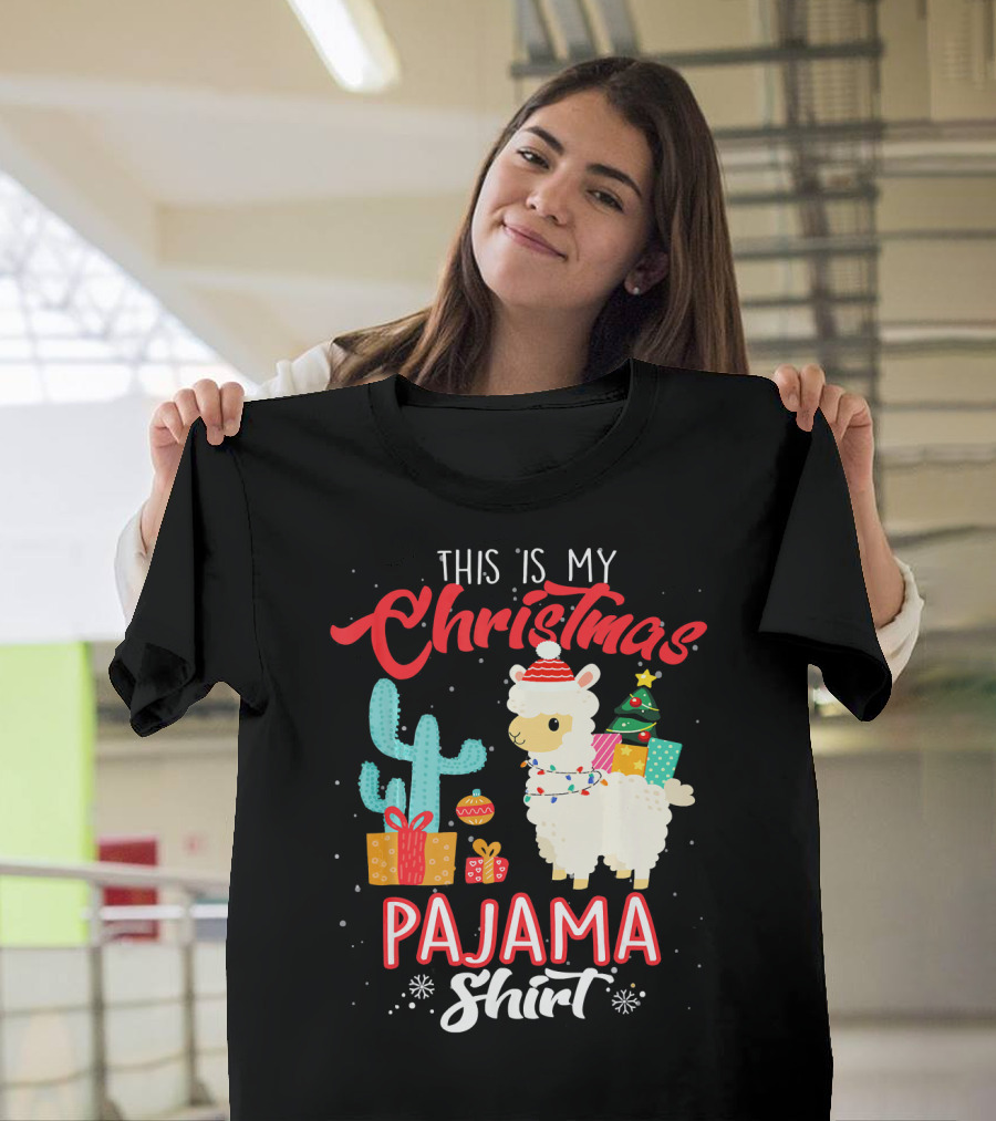 This Is My Christmas Pajama Shirt Llama Alpaca with Gifts and Cactus T-Shirt