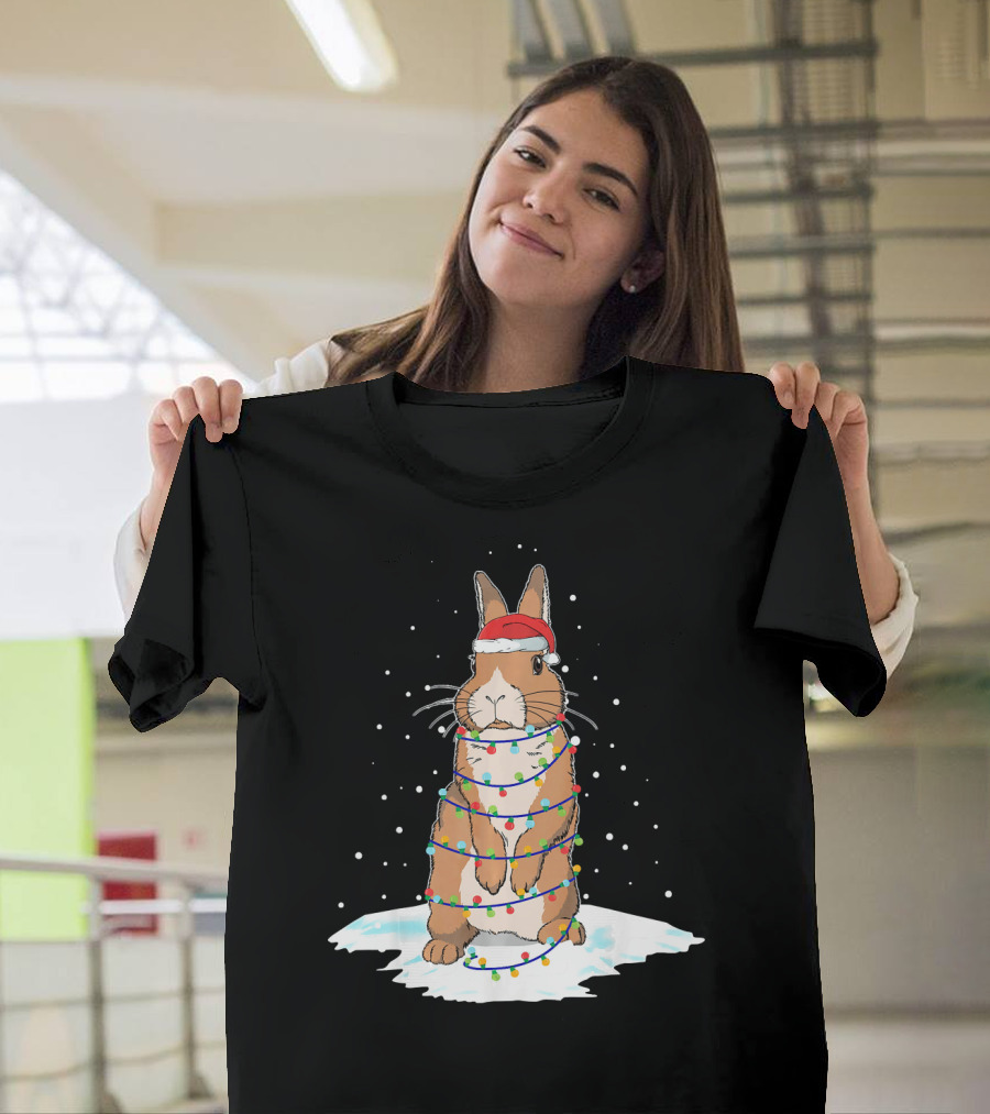 Rabbit Santa Wrapped in Christmas Light Tree with Snow Background T-Shirt