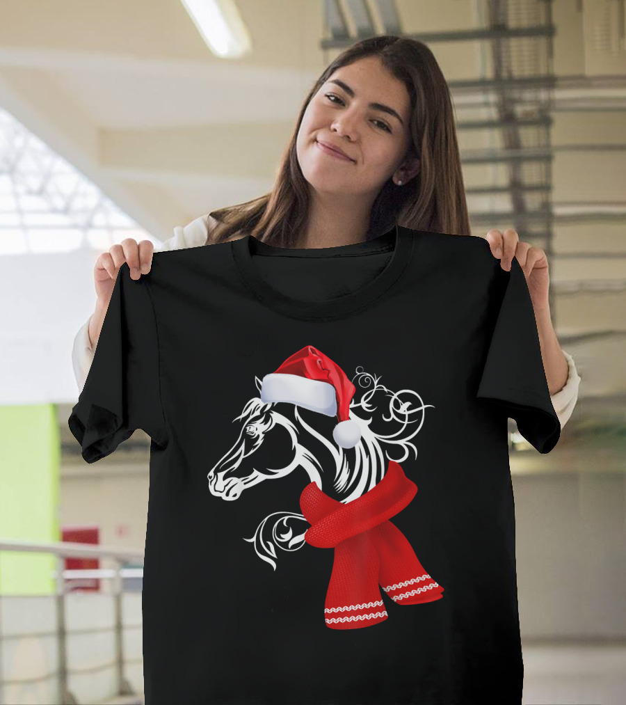 Merry Christmas Horse Lover Santa Hat Scarf T-Shirt