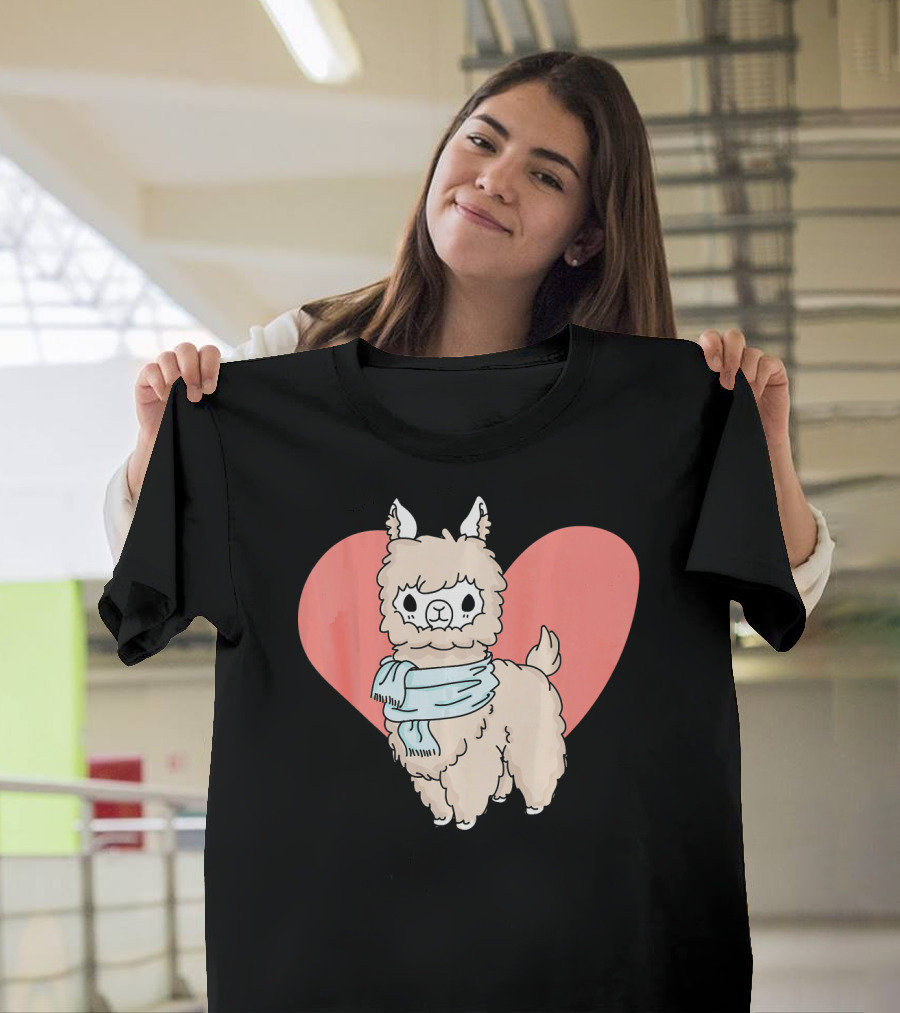 Sweet Llama Alpaca Heart with Blue Scarf T-Shirt