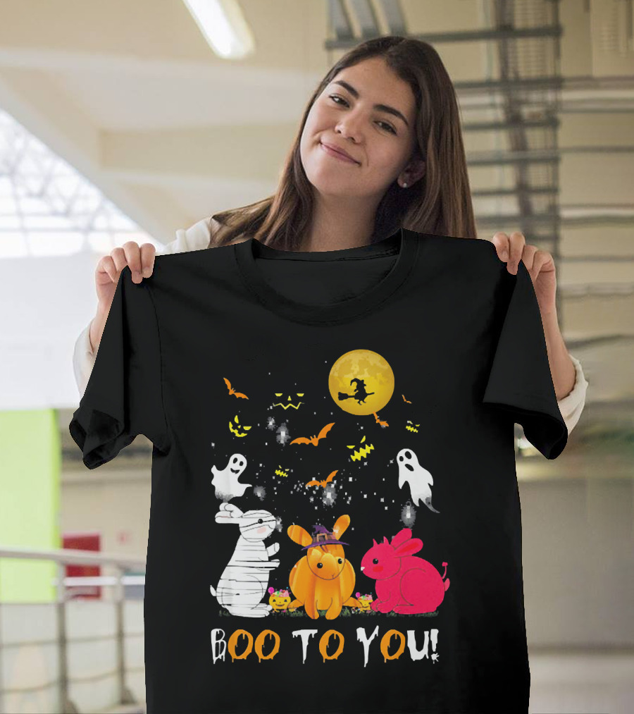 Boo to You Moon Halloween Rabbit Ghosts and Witch T-Shirt
