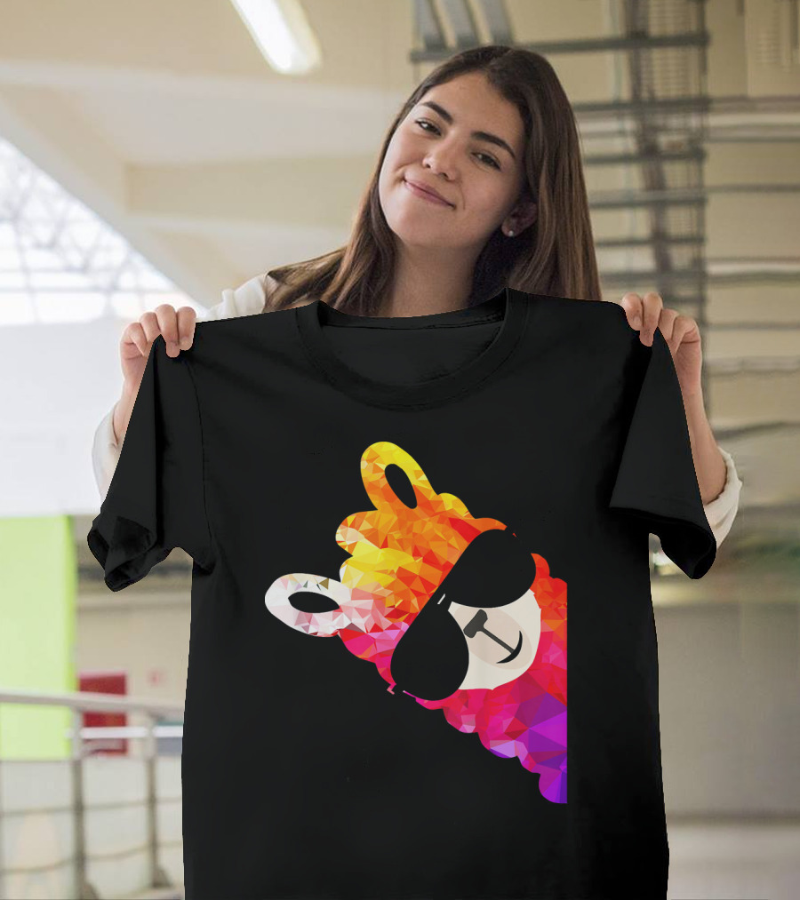 Rainbow Fun Llama Alpaca Sunglasses Multicolored Geometric T-Shirt