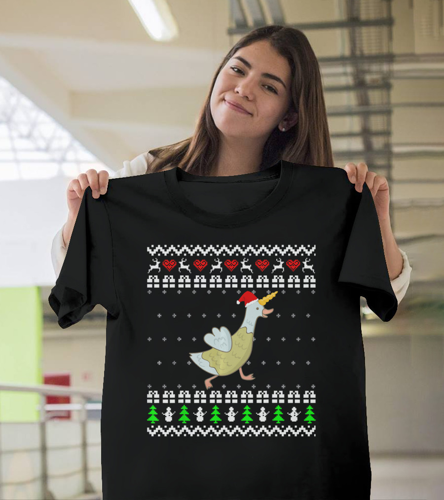 Unicorn Goose Reindeer Hearts Santa Hat Ugly Christmas T-Shirt