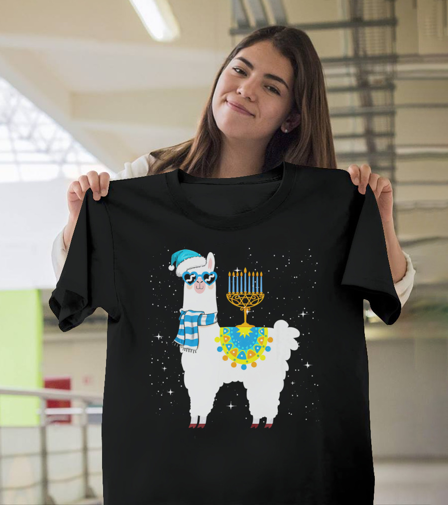 Menorah Hanukkah Llama with Scarf and Hat T-Shirt