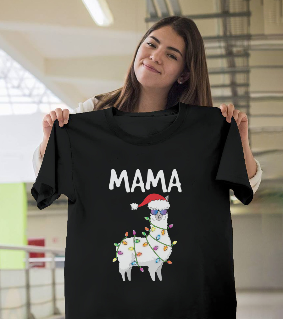 Mama Llama Santa Christmas Lights Alpaca Holiday Fun T-Shirt