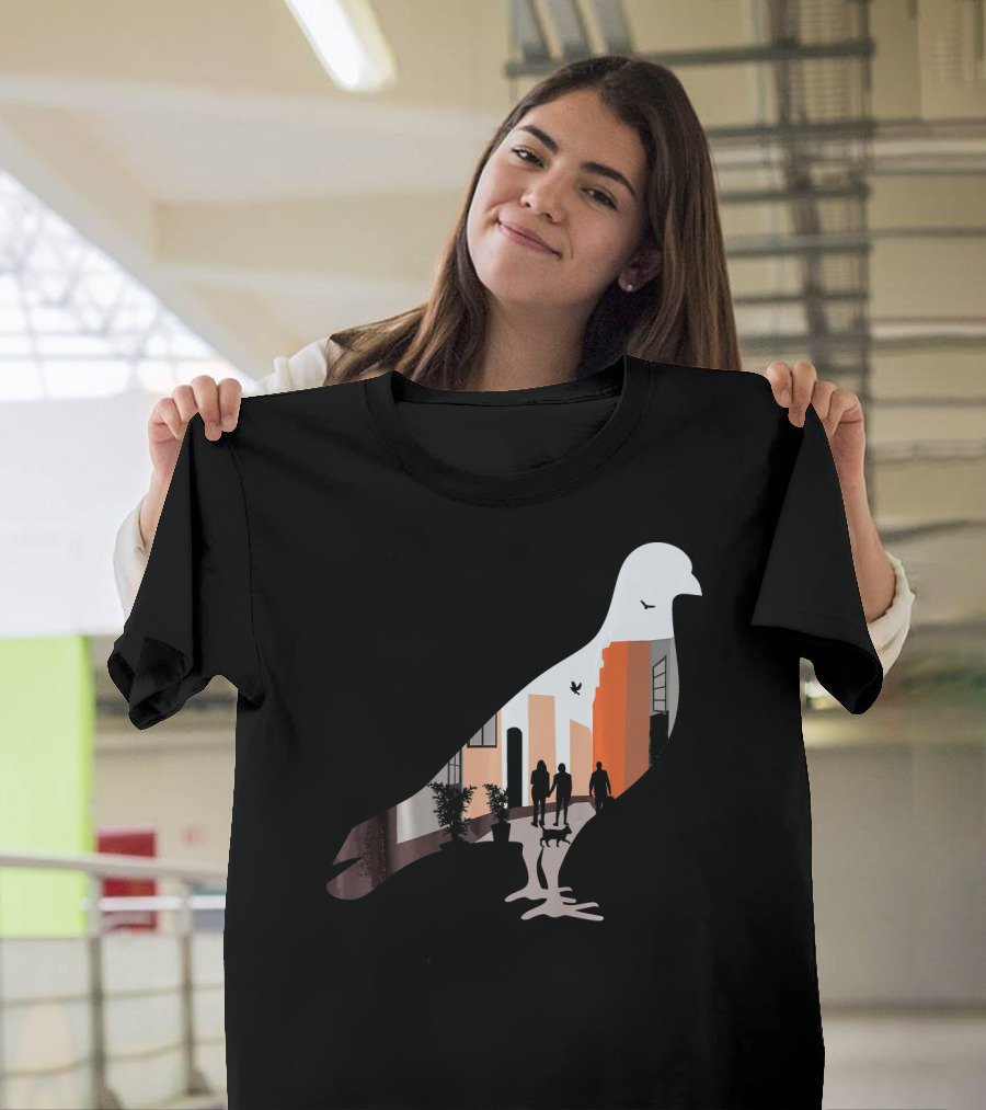Pigeon Silhouette with Cat and Plants in Urban Street with Buildings T-Shirt