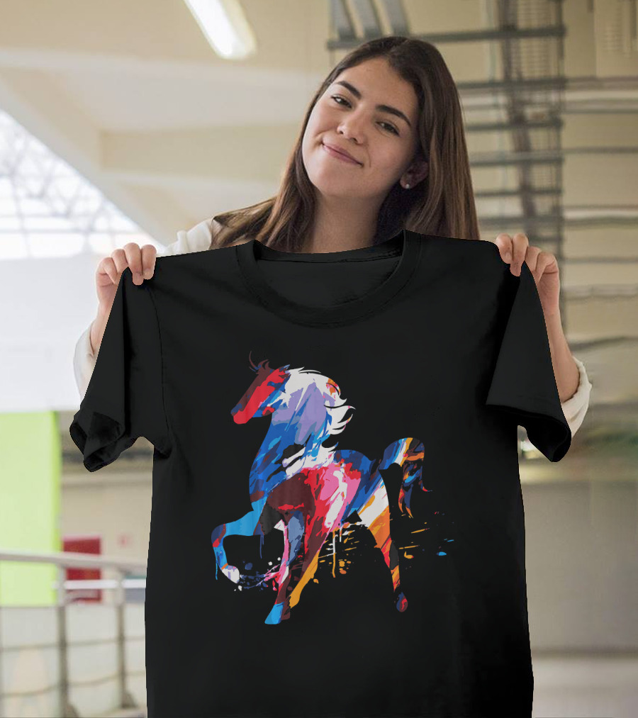 Watercolor Rainbow Riding Horse Colorful T-Shirt