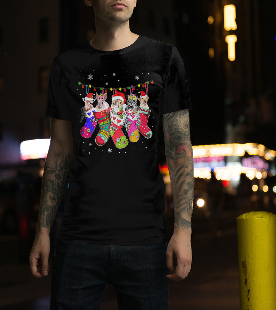 Vettech Save Animals Cat Dog Rabbit Christmas Stockings Holiday Festive Pets T-Shirt