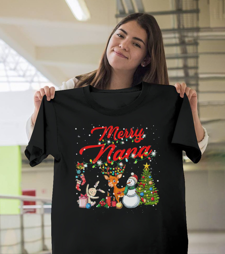 Merry Nana Christmas Tree Reindeer Snowman Stockings T-Shirt