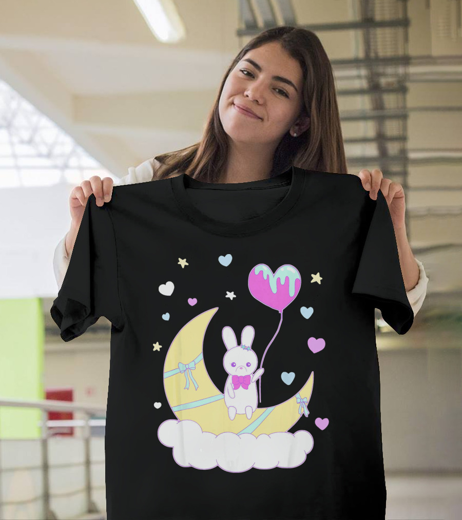 Yume Kawaii Fashion Nu Goth Bunny on Moon with Heart Balloon and Stars T-Shirt