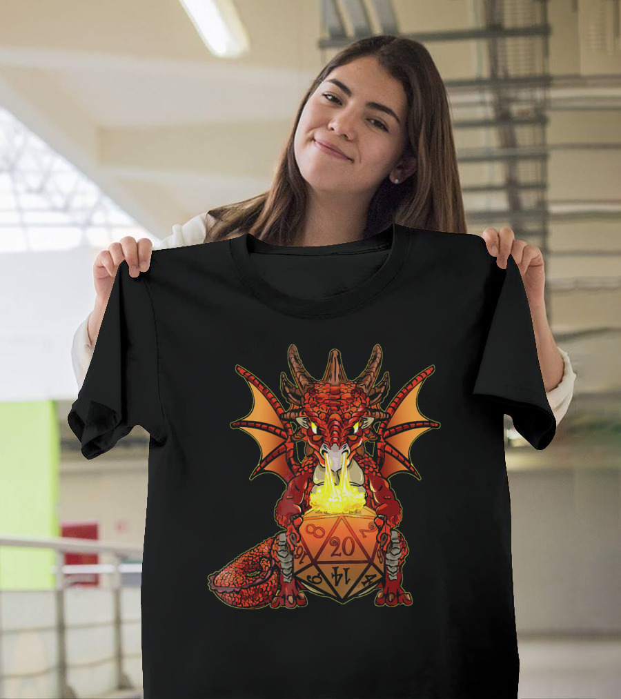 Baby Red Dragon Breathing Fire on D20 Role Playing Dice T-Shirt