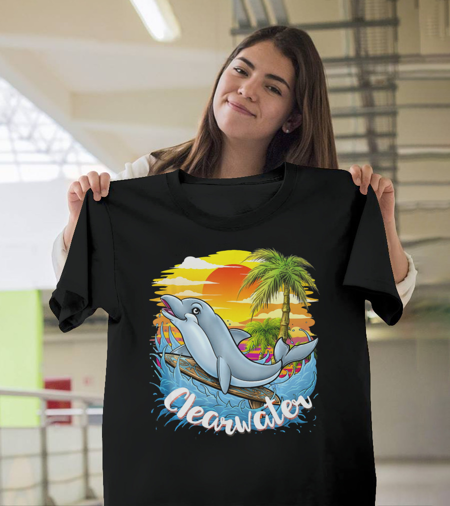 Clearwater Beach Dolphin Surfing Florida Palm Sunset T-Shirt